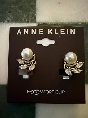 Anne Klein Gold-Tone Pearl and Crystal Leaf Clip-On Earrings